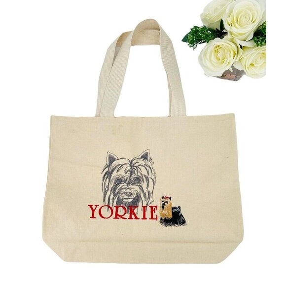 Handmade Embroidered Yorkie Yorkshire Terrier Dog Breed Tote Bag Natural Canvas - Picture 2 of 8
